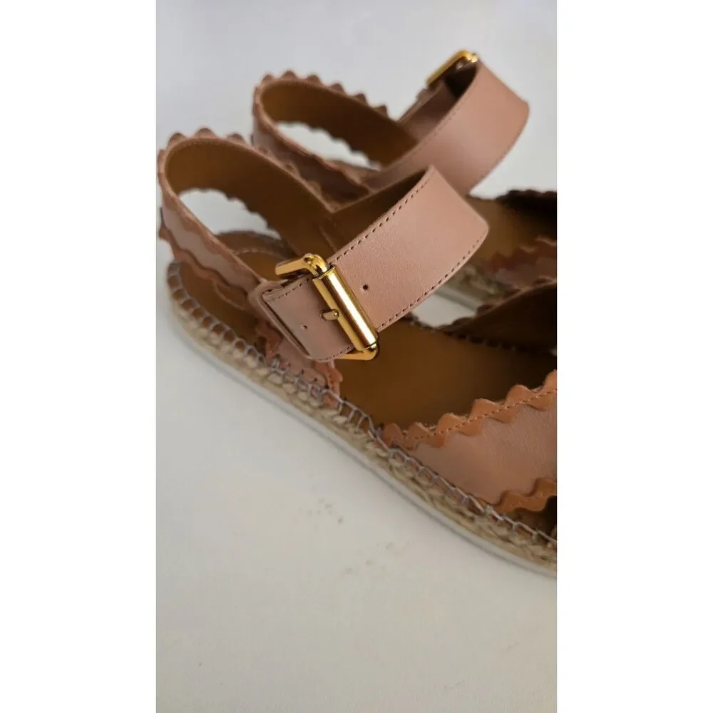 See by Chloé Glyn Blush Tan Leather Scalloped Espadrille Sandals Size 36 NWOB